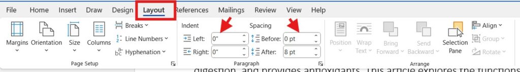 Line spacing in Word using Spacing in Layout