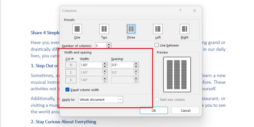 Divide text into multiple columns in Word 5