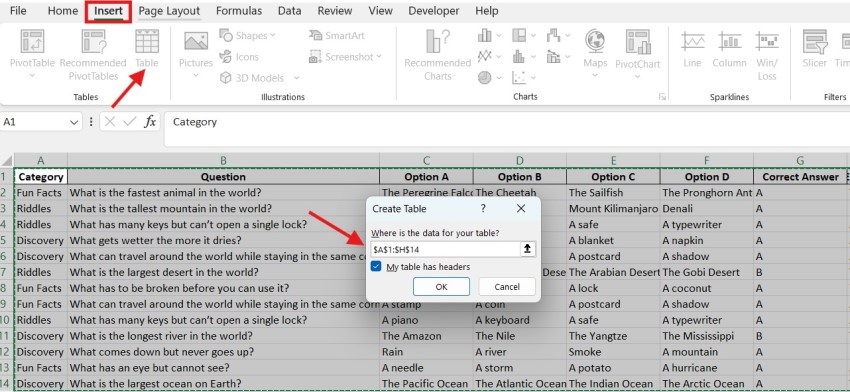 How to create tables in Excel