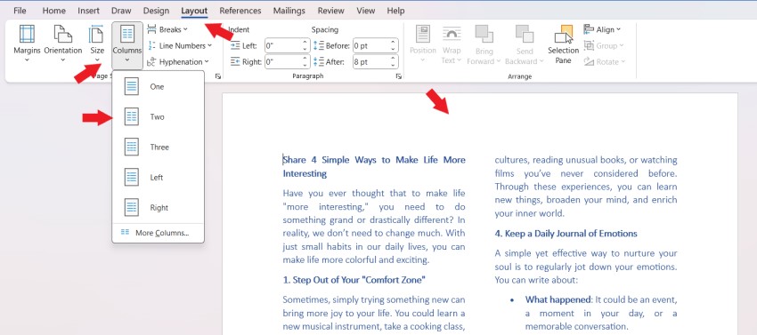 How to divide text into multiple columns in Word