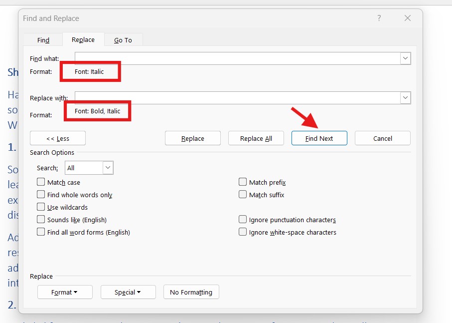 Instructions on how to find and replace formatting in Word 2