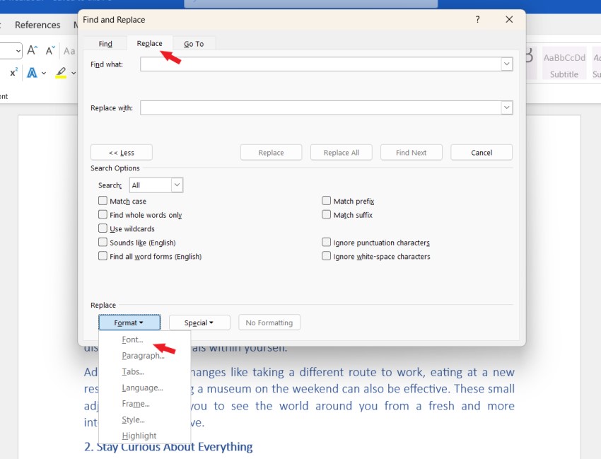 Instructions on how to find and replace formatting in Word