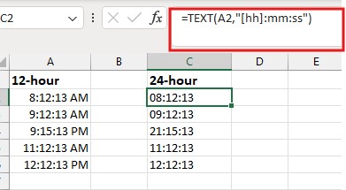 How to convert time from 12-hour to 24-hour format and vice versa in Excel