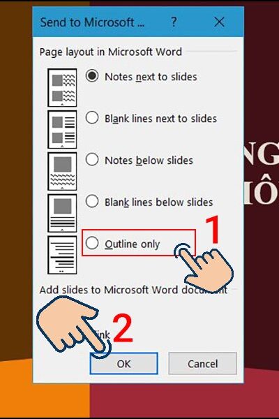 To transfer text from PowerPoint to Word, select Outline only and click OK. - How to convert PowerPoint file content to Word