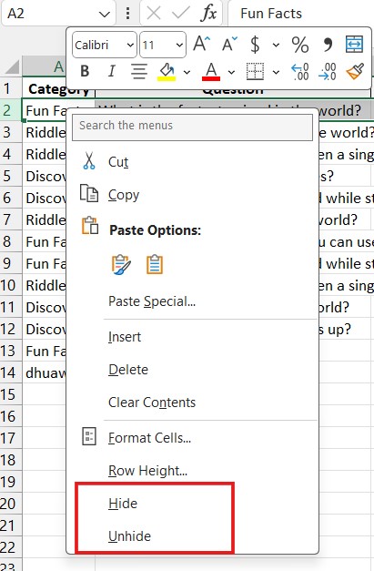 hide and unhide data in Excel