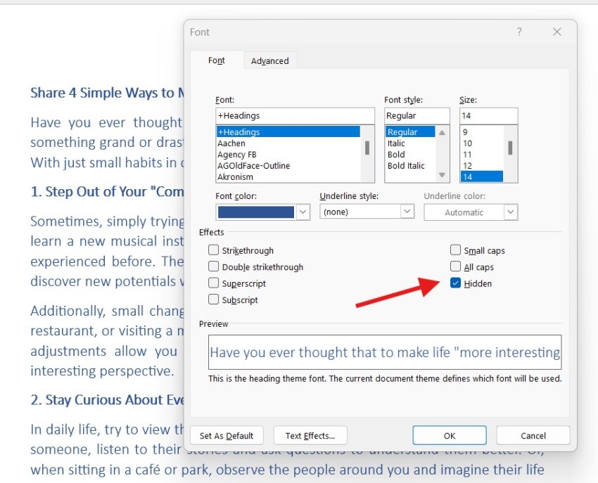 Instructions on how to hide and show hidden text in microsoft word