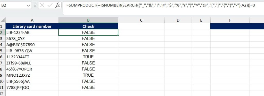 Excel formula to find out special characters in a cell