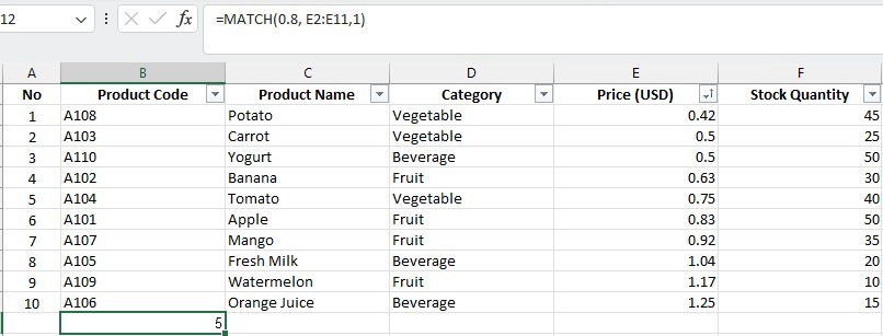 How to use MATCH Function in Excel