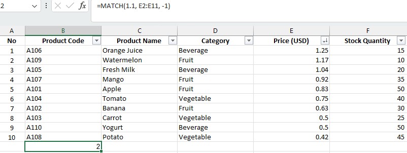 How to use MATCH Function in Excel