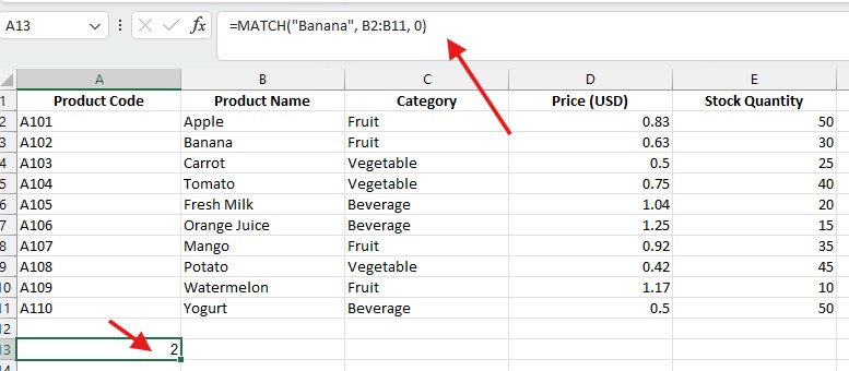 How to use MATCH Function in Excel