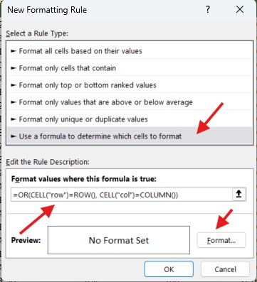 highlight rows and columns of selected cells in Excel 1